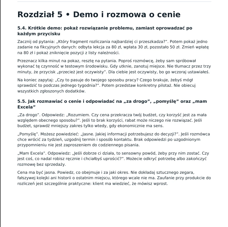 Strona e-booka: demo i rozmowa z klientem o cenie