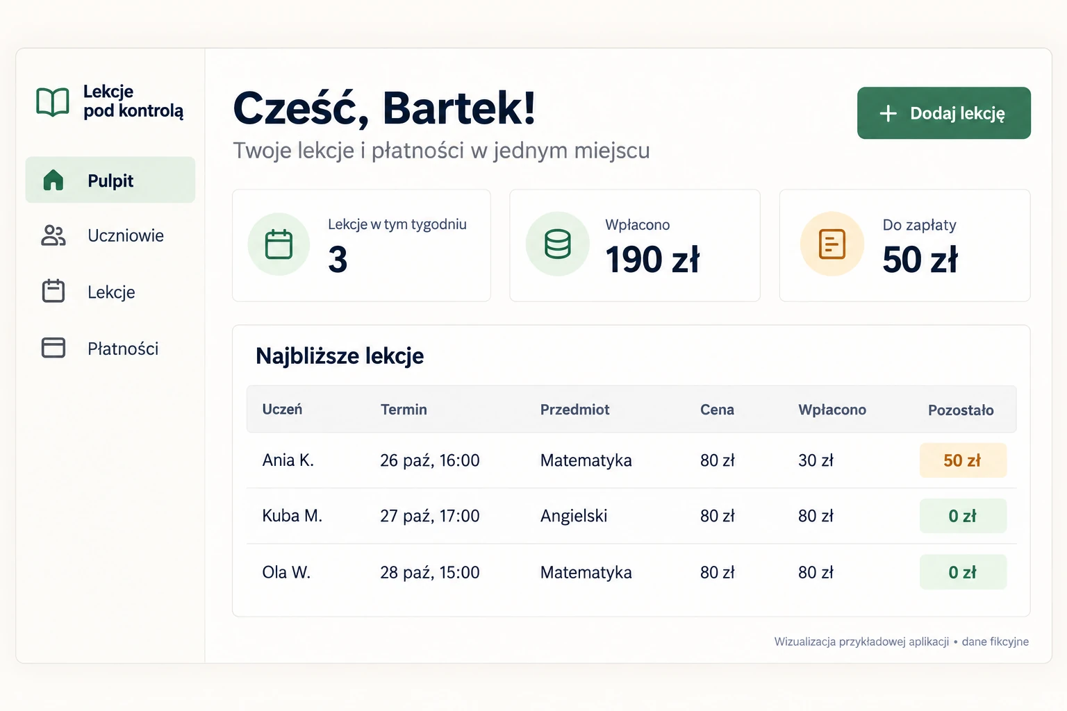 Wizualizacja aplikacji dla korepetytora z listą lekcji, wpłatami i kwotami do zapłaty